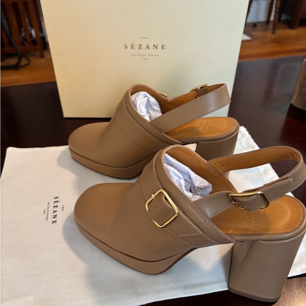 Sézane Rebecca Tan Block Heel Mules, Size 8 US/39 - Picture 2 of 6